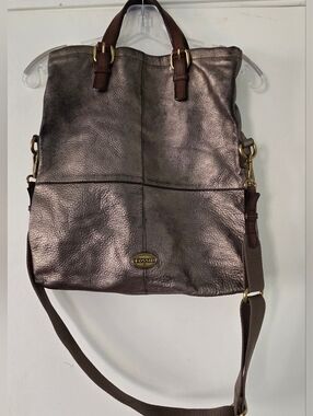 Large Fossil metallic bronze leather satchel bag with removable shoulder/crossbo